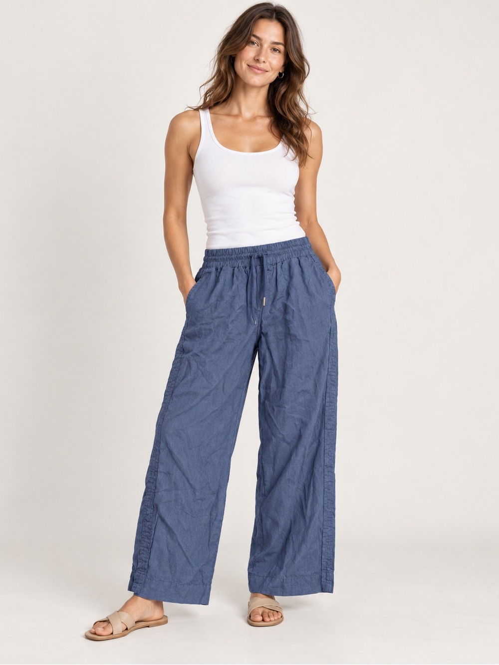 Quince 100% Linen Wide Leg Drawstring Pants Blue Size M